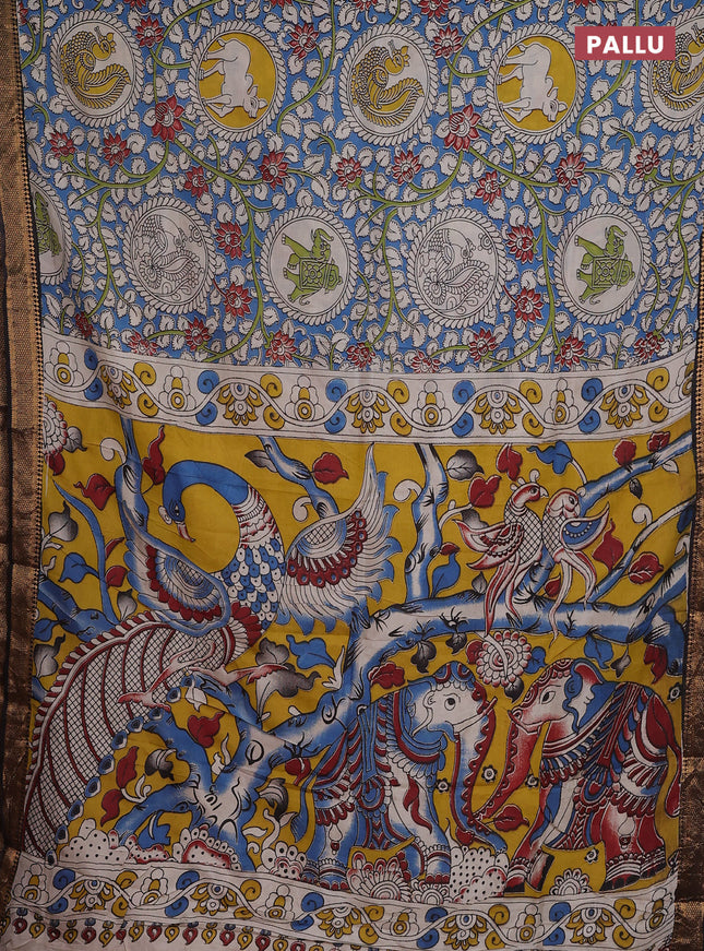 Kalamkari semi silk saree blue and black with allover prints and zari woven border