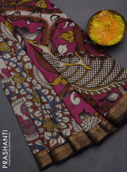 Kalamkari semi silk saree brown and black with allover prints and zari woven border
