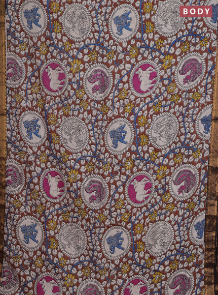 Kalamkari semi silk saree brown and black with allover prints and zari woven border