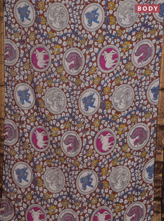 Kalamkari semi silk saree brown and black with allover prints and zari woven border