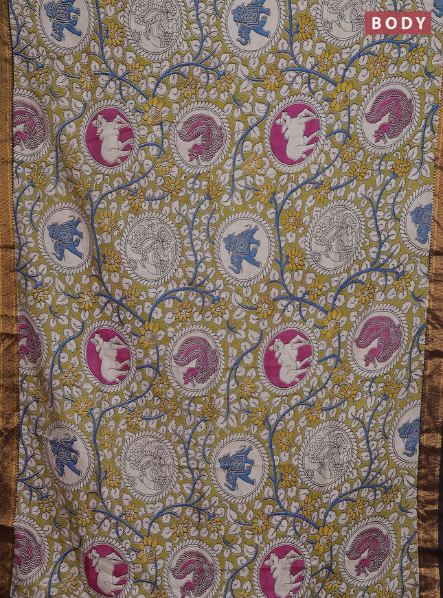 Kalamkari semi silk saree light green and black with allover prints and zari woven border