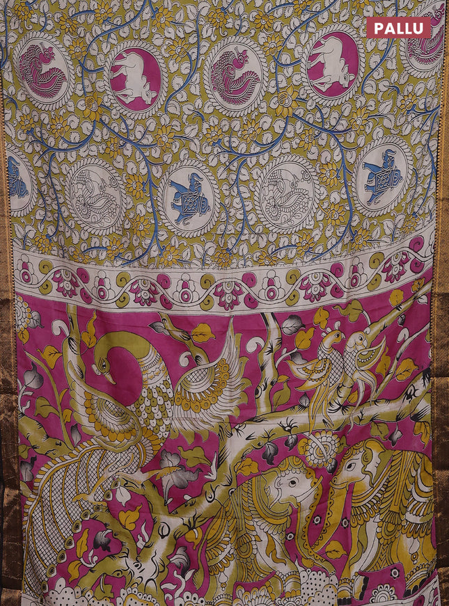 Kalamkari semi silk saree light green and black with allover prints and zari woven border