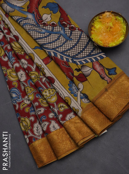 Kalamkari semi silk saree maroon and dark mustard with allover prints and zari woven border