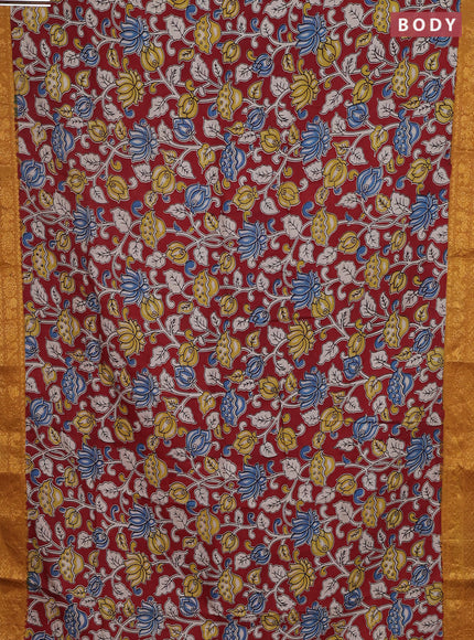 Kalamkari semi silk saree maroon and dark mustard with allover prints and zari woven border