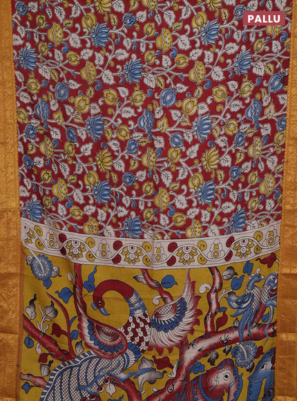 Kalamkari semi silk saree maroon and dark mustard with allover prints and zari woven border