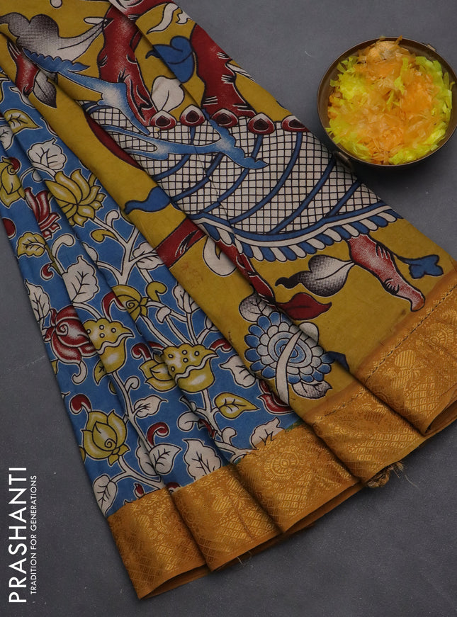 Kalamkari semi silk saree blue and dark mustard with allover prints and zari woven border
