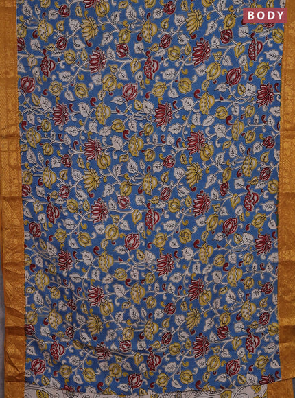 Kalamkari semi silk saree blue and dark mustard with allover prints and zari woven border