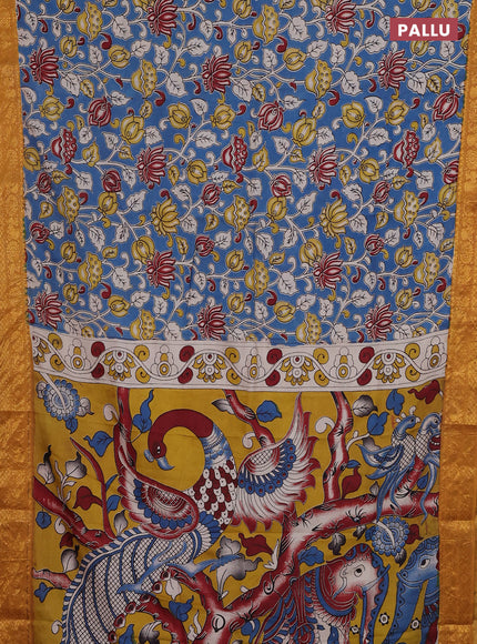Kalamkari semi silk saree blue and dark mustard with allover prints and zari woven border