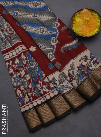 Kalamkari semi silk saree grey maroon and black with allover prints and zari woven border