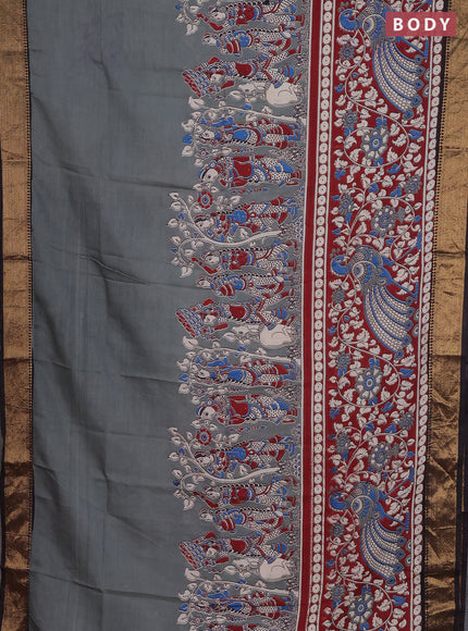 Kalamkari semi silk saree grey maroon and black with allover prints and zari woven border