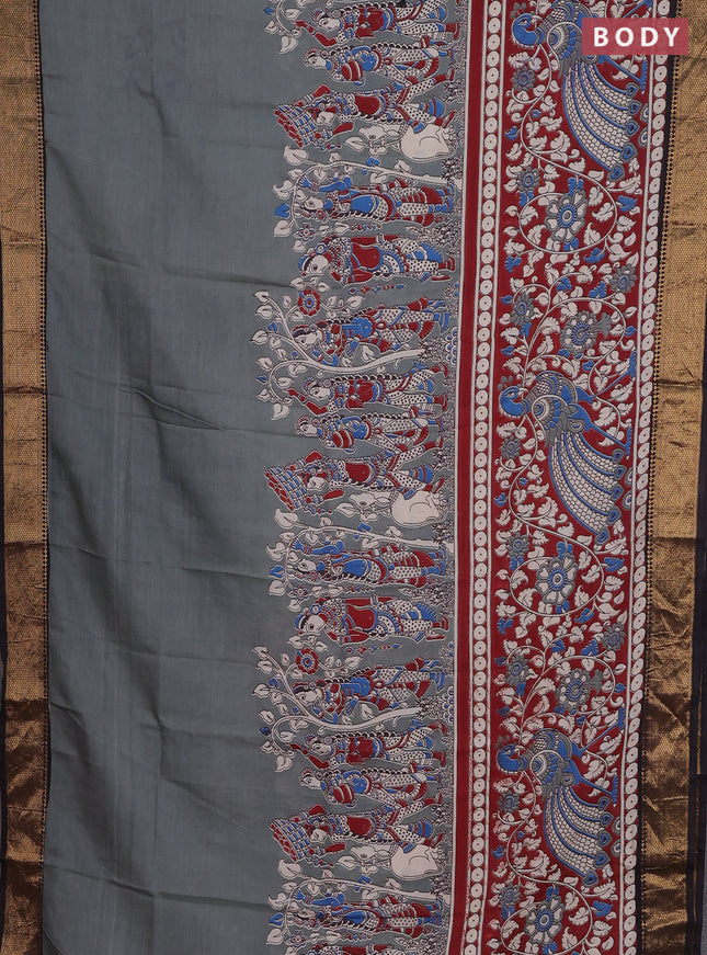 Kalamkari semi silk saree grey maroon and black with allover prints and zari woven border