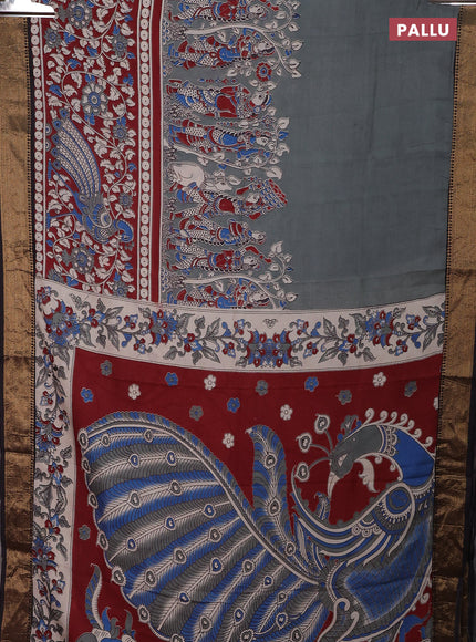Kalamkari semi silk saree grey maroon and black with allover prints and zari woven border