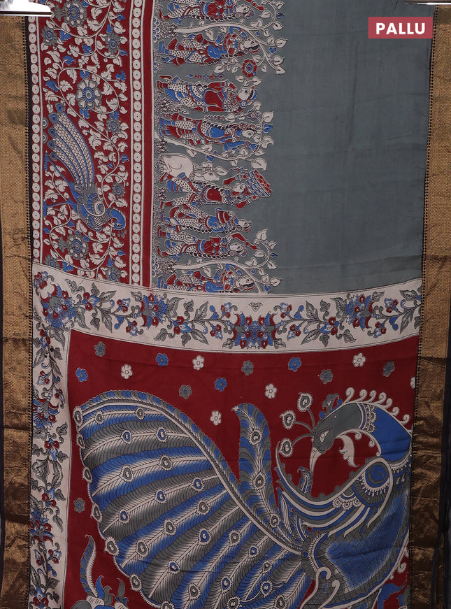 Kalamkari semi silk saree grey maroon and black with allover prints and zari woven border