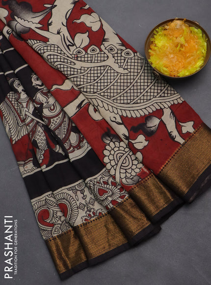 Kalamkari semi silk saree black maroon and beige with allover prints and zari woven border