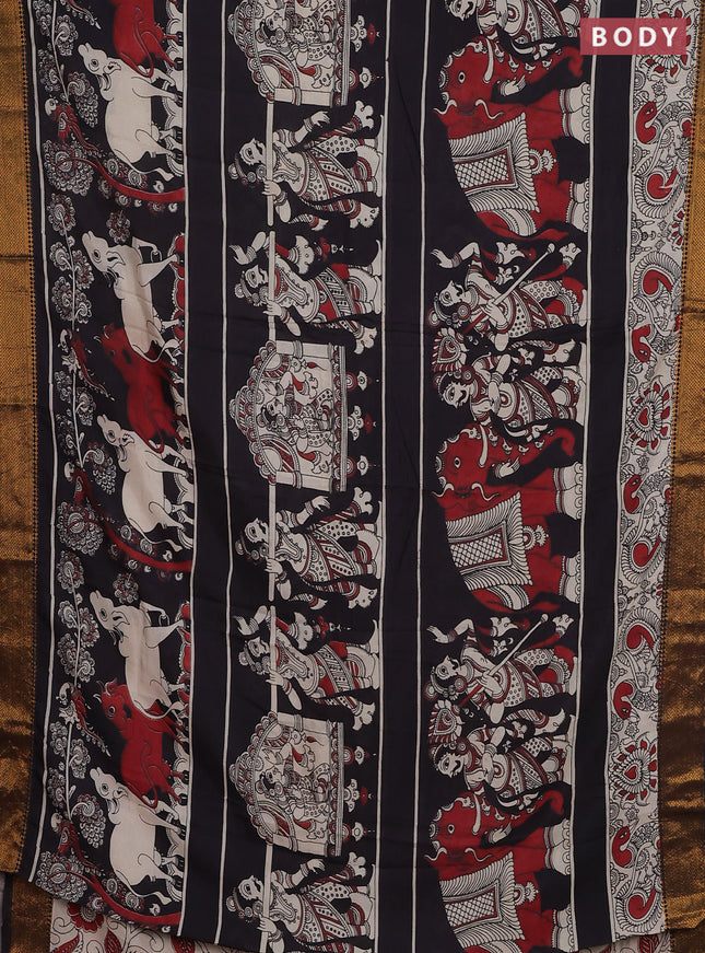 Kalamkari semi silk saree black maroon and beige with allover prints and zari woven border