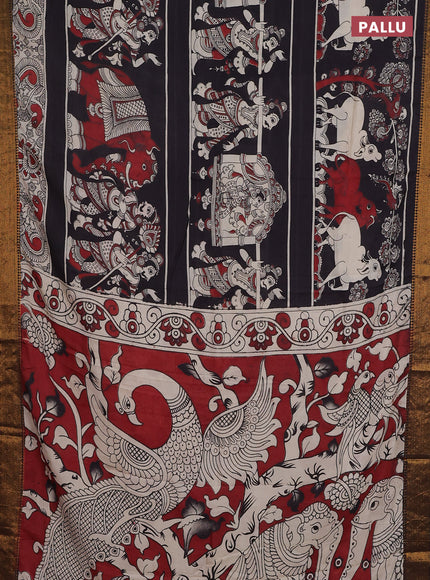 Kalamkari semi silk saree black maroon and beige with allover prints and zari woven border