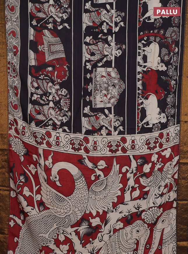 Kalamkari semi silk saree black maroon and beige with allover prints and zari woven border