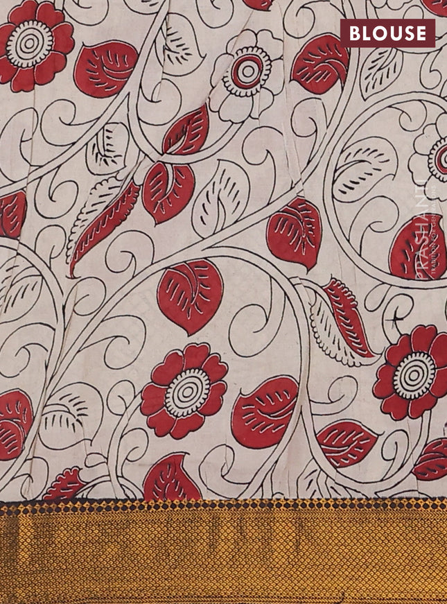 Kalamkari semi silk saree black maroon and beige with allover prints and zari woven border