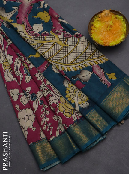 Kalamkari semi silk saree magenta pink and peacock blue with allover prints and zari woven border