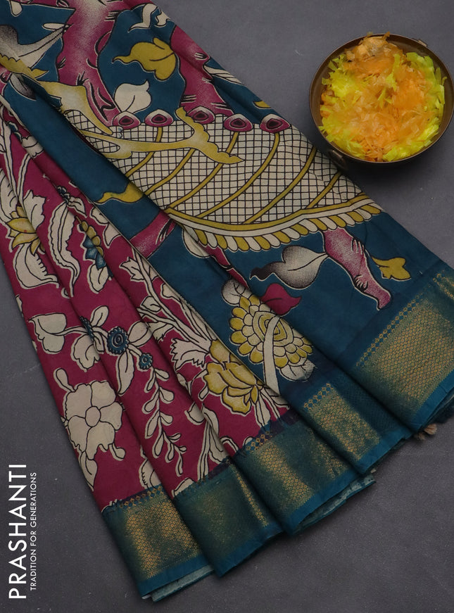 Kalamkari semi silk saree magenta pink and peacock blue with allover prints and zari woven border
