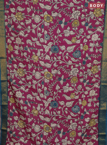 Kalamkari semi silk saree magenta pink and peacock blue with allover prints and zari woven border