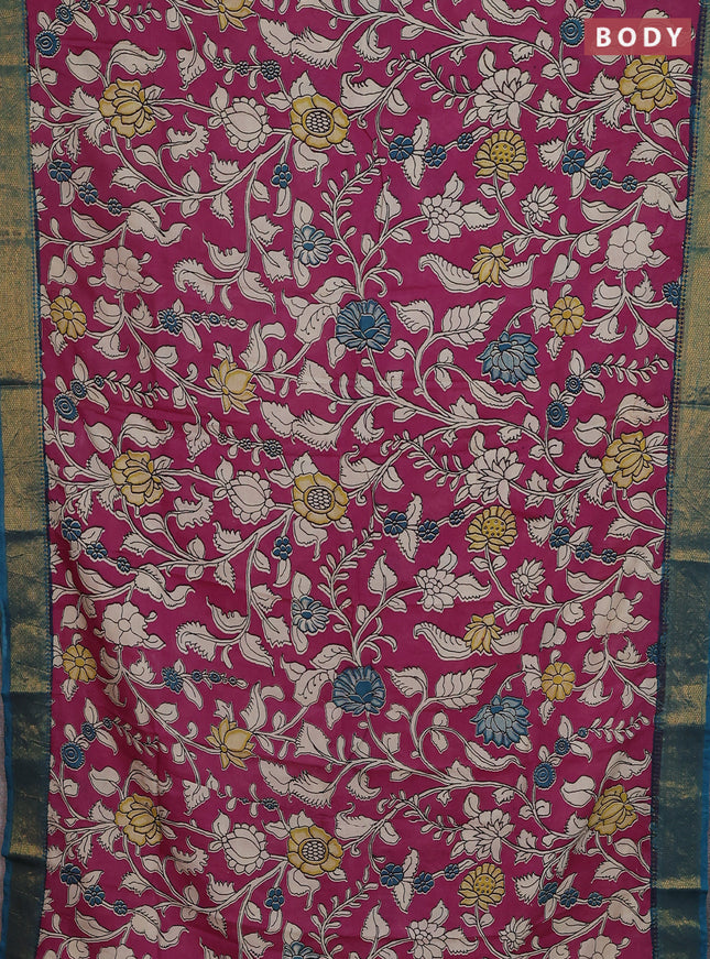 Kalamkari semi silk saree magenta pink and peacock blue with allover prints and zari woven border