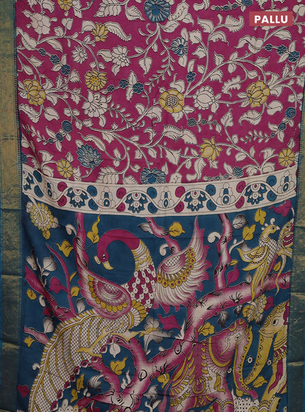 Kalamkari semi silk saree magenta pink and peacock blue with allover prints and zari woven border