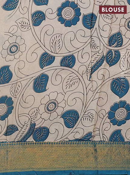 Kalamkari semi silk saree magenta pink and peacock blue with allover prints and zari woven border