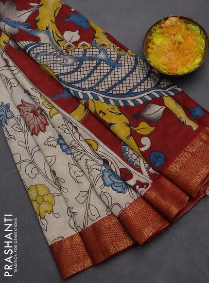 Kalamkari semi silk saree beige and rust shade with allover prints and zari woven border