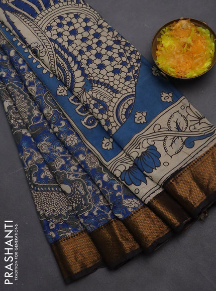 Kalamkari semi silk saree blue and black with allover prints and zari woven border