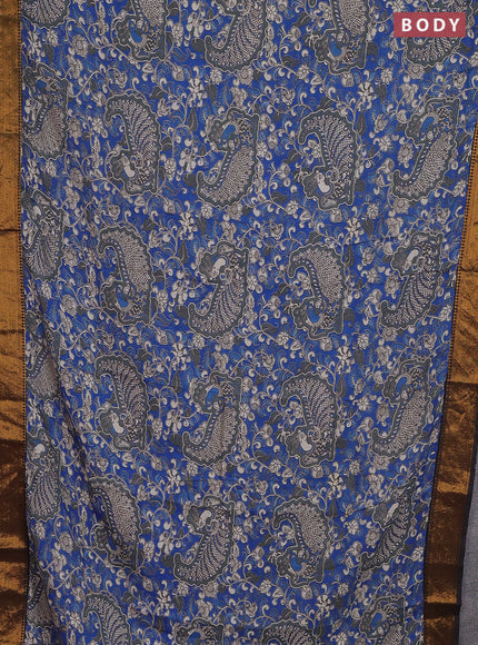 Kalamkari semi silk saree blue and black with allover prints and zari woven border
