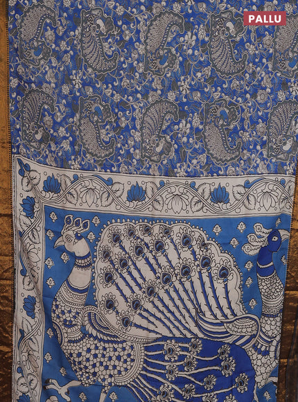Kalamkari semi silk saree blue and black with allover prints and zari woven border