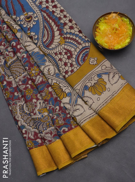 Kalamkari semi silk saree maroon and mustard yellow with allover prints and zari woven border