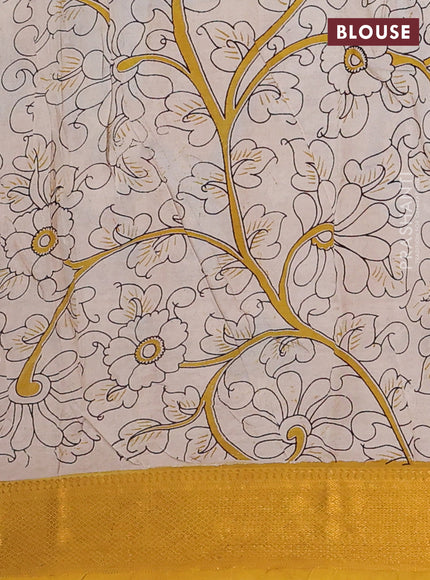 Kalamkari semi silk saree maroon and mustard yellow with allover prints and zari woven border