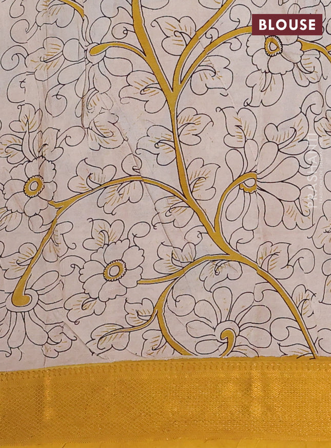 Kalamkari semi silk saree maroon and mustard yellow with allover prints and zari woven border