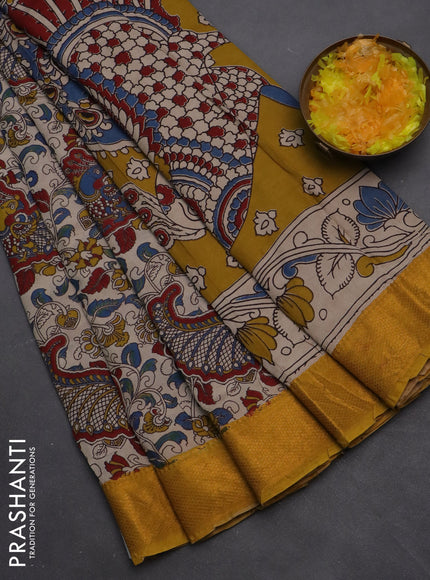 Kalamkari semi silk saree beige and mustard yellow with allover prints and zari woven border