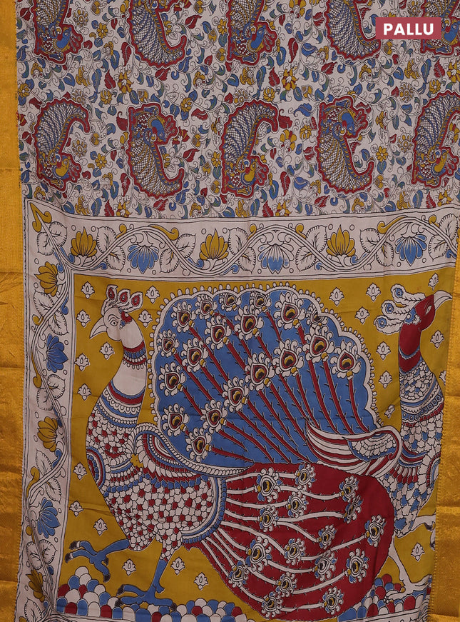 Kalamkari semi silk saree beige and mustard yellow with allover prints and zari woven border