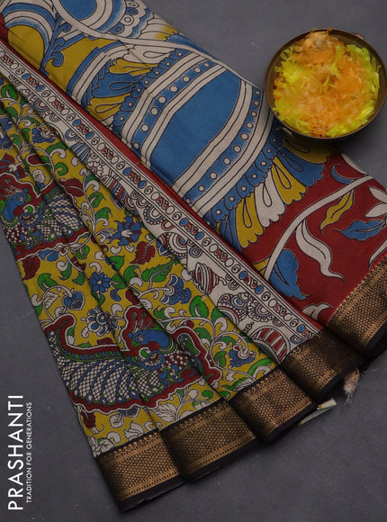 Kalamkari semi silk saree yellow and black with allover prints and zari woven border