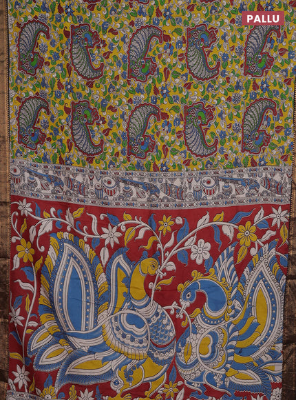 Kalamkari semi silk saree yellow and black with allover prints and zari woven border