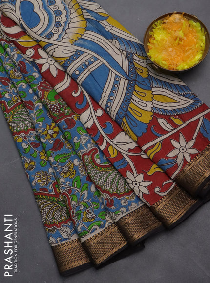 Kalamkari semi silk saree blue and black with allover prints and zari woven border