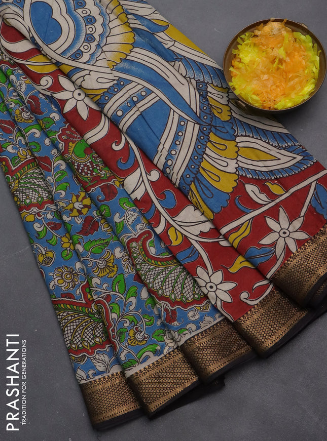 Kalamkari semi silk saree blue and black with allover prints and zari woven border
