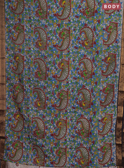 Kalamkari semi silk saree blue and black with allover prints and zari woven border