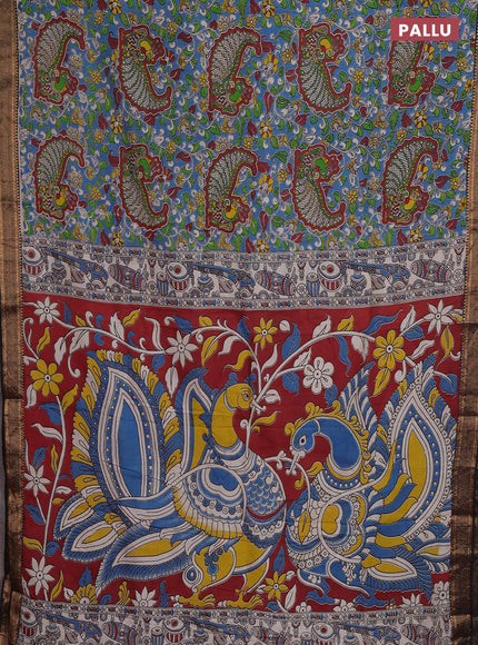 Kalamkari semi silk saree blue and black with allover prints and zari woven border