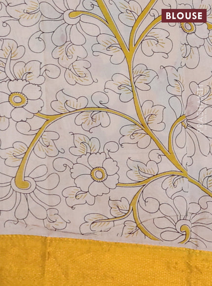 Kalamkari semi silk saree teal green and mustard yellow with allover prints and zari woven border