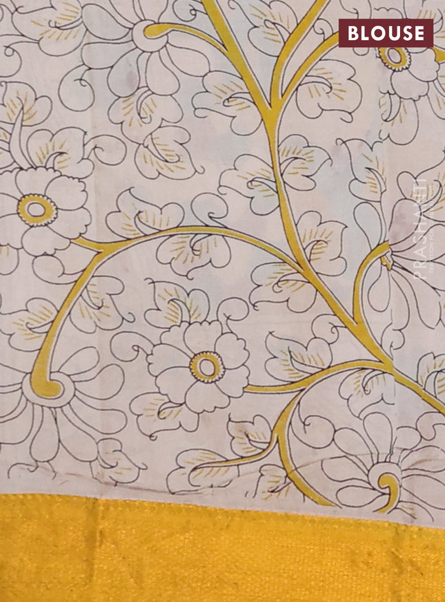 Kalamkari semi silk saree teal green and mustard yellow with allover prints and zari woven border