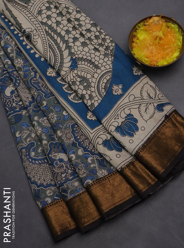 Kalamkari semi silk saree grey blue and black with allover prints and zari woven border