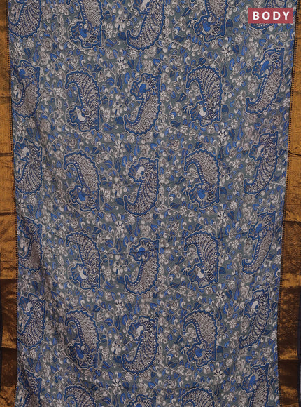 Kalamkari semi silk saree grey blue and black with allover prints and zari woven border