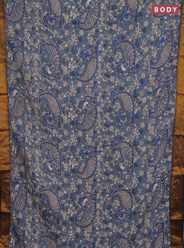 Kalamkari semi silk saree grey blue and black with allover prints and zari woven border
