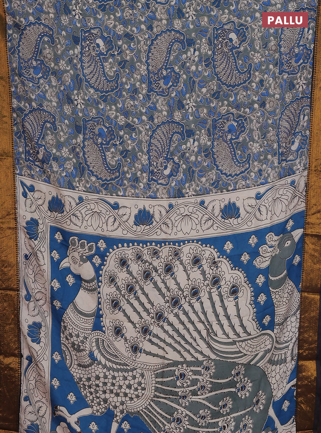 Kalamkari semi silk saree grey blue and black with allover prints and zari woven border
