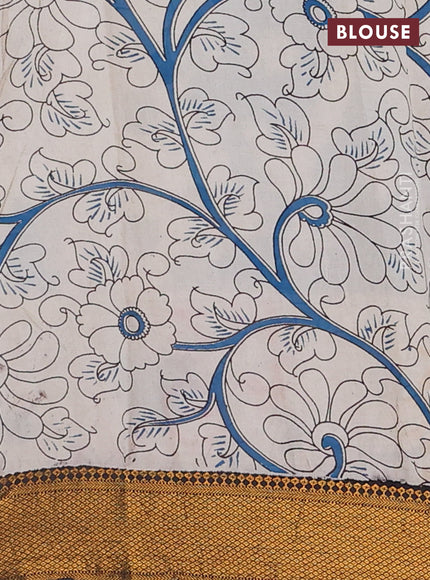 Kalamkari semi silk saree grey blue and black with allover prints and zari woven border